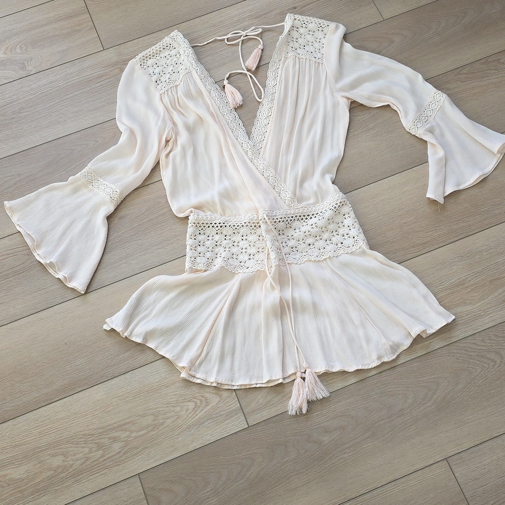Boho Lace-Trim Adjustable Size Bell Sleeves  Peasant Beach Cover-Up In Blush